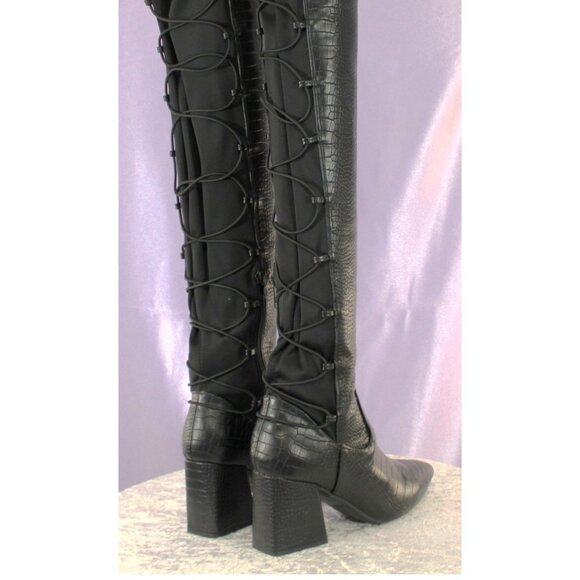 Black Over The Knee Lace Up Back Block Heel Boots Pointed Toe Women’s 7.5 - Picture 4 of 5